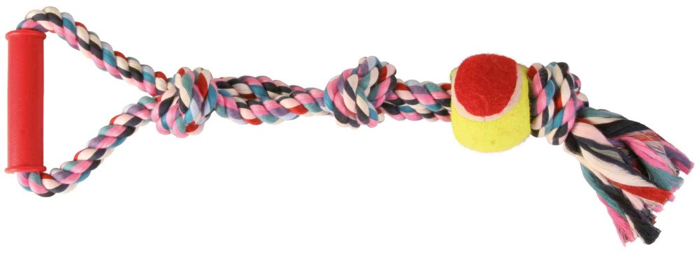 TRIXIE Corda DentaFun con Palla da Tennis - Lunghezza 50cm, Gioco in Corda Multicolore per Cani