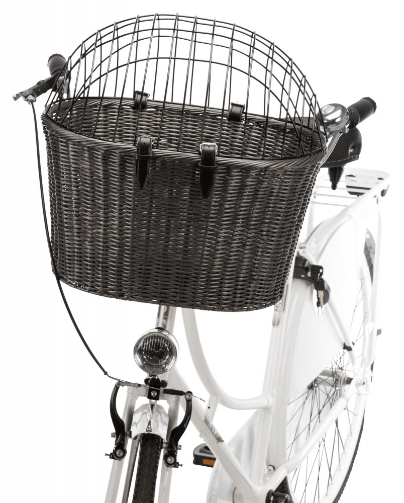 TRIXIE Cesto Anteriore per Bicicletta per Cani - 44x34x41 cm, Polyrattan, Fino a 5 kg, con Rete di Sicurezza e Cuscino Lavabile