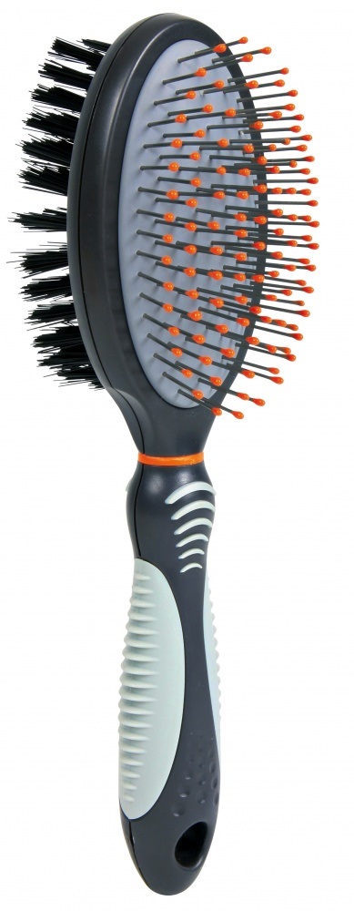Trixie Spazzola Doppia Faccia per Cani e Gatti - 5 × 19 cm, Setole in Nylon e Metalliche, Manico Ergonomico