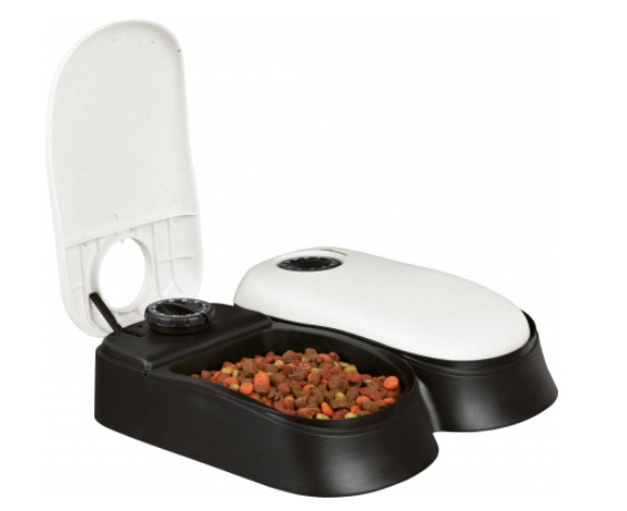 Trixie TX2 Distributore Automatico di Cibo per Cani e Gatti - 2 Pasti da 300 ml, Timer Programmabile, Plastica, Colore Bianco e Nero