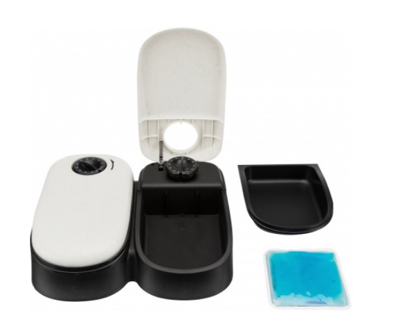 Trixie TX2 Distributore Automatico di Cibo per Cani e Gatti - 2 Pasti da 300 ml, Timer Programmabile, Plastica, Colore Bianco e Nero