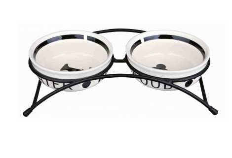 TRIXIE Eat on Feet - Set di Due Ciotole in Ceramica con Supporto in Metallo, 2 x 0,25 l / Ø 13 cm, Bianco/Nero, Antiscivolo