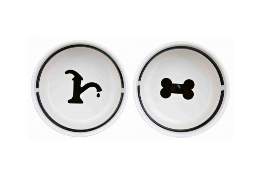 TRIXIE Eat on Feet - Set di Due Ciotole in Ceramica con Supporto in Metallo, 2 x 0,25 l / Ø 13 cm, Bianco/Nero, Antiscivolo