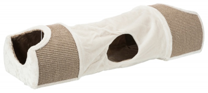 TRIXIE Tunnel per Gatti 110 x 30 x 38 cm - Tiragraffi con Rivestimento in Peluche, 2 Fori, Giocattolo su Filo e Superficie in Sisal