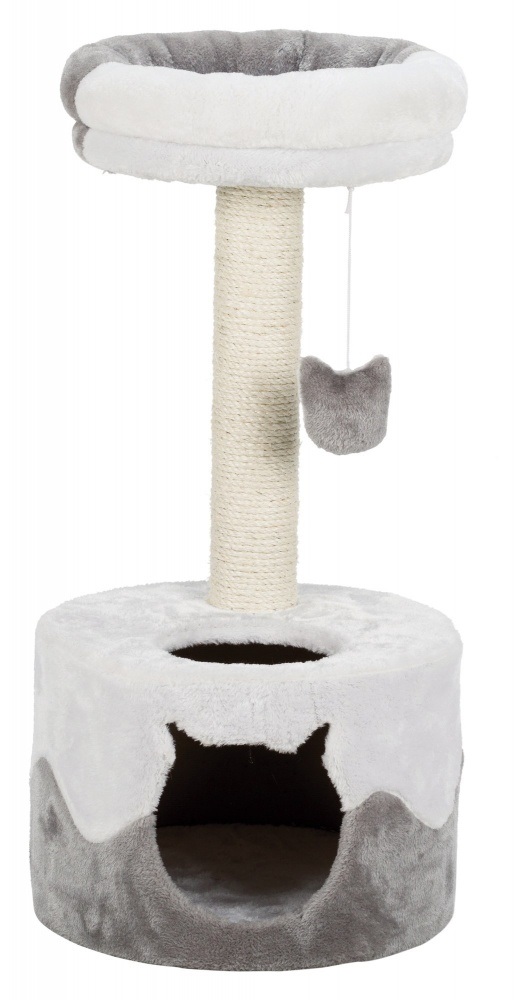 TRIXIE Tiragraffi Nuria 71 cm - Palo in Sisal Naturale, Piattaforma con Letto Morbido Rimovibile, Cuccia Staccabile e Giocattolo in Corda, Bianco/Grigio