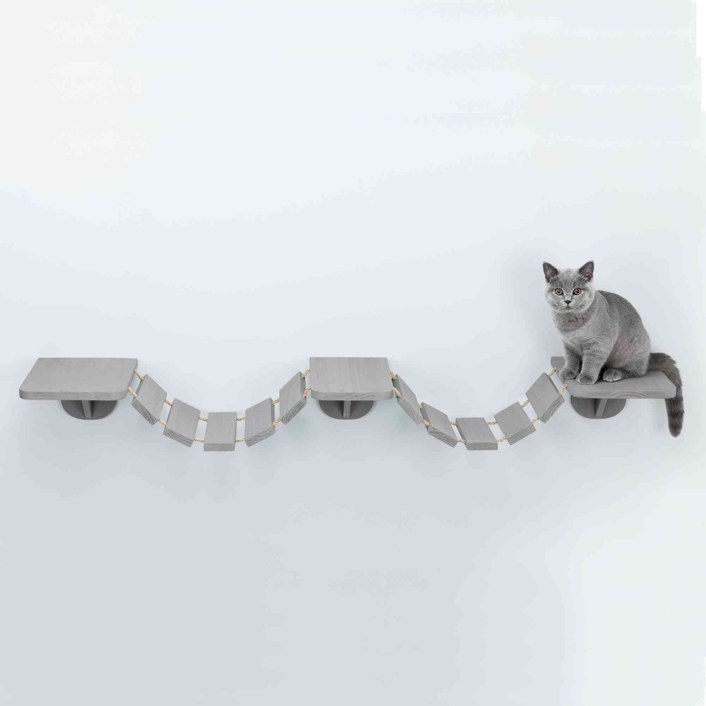 TRIXIE Ponte Tibetano per Gatti - Struttura in Legno e Sisal con 3 Piattaforme (22,5 x 30 cm e 17,5 x 30 cm) da Fissare al Muro