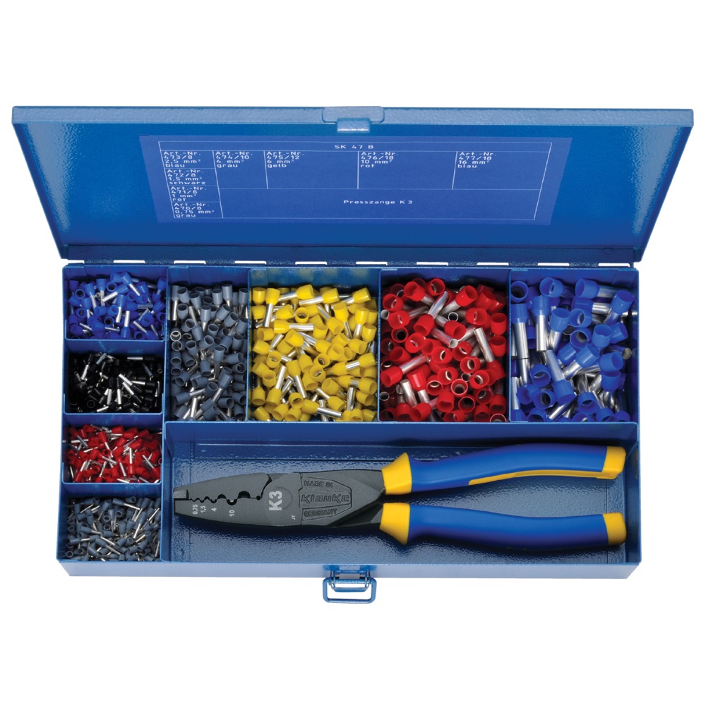 Klauke SK47B Pinza Crimpatrice - Set di Utensili Blu e Giallo, Dimensioni 285 x 155 x 45 mm, Puntali Isolati