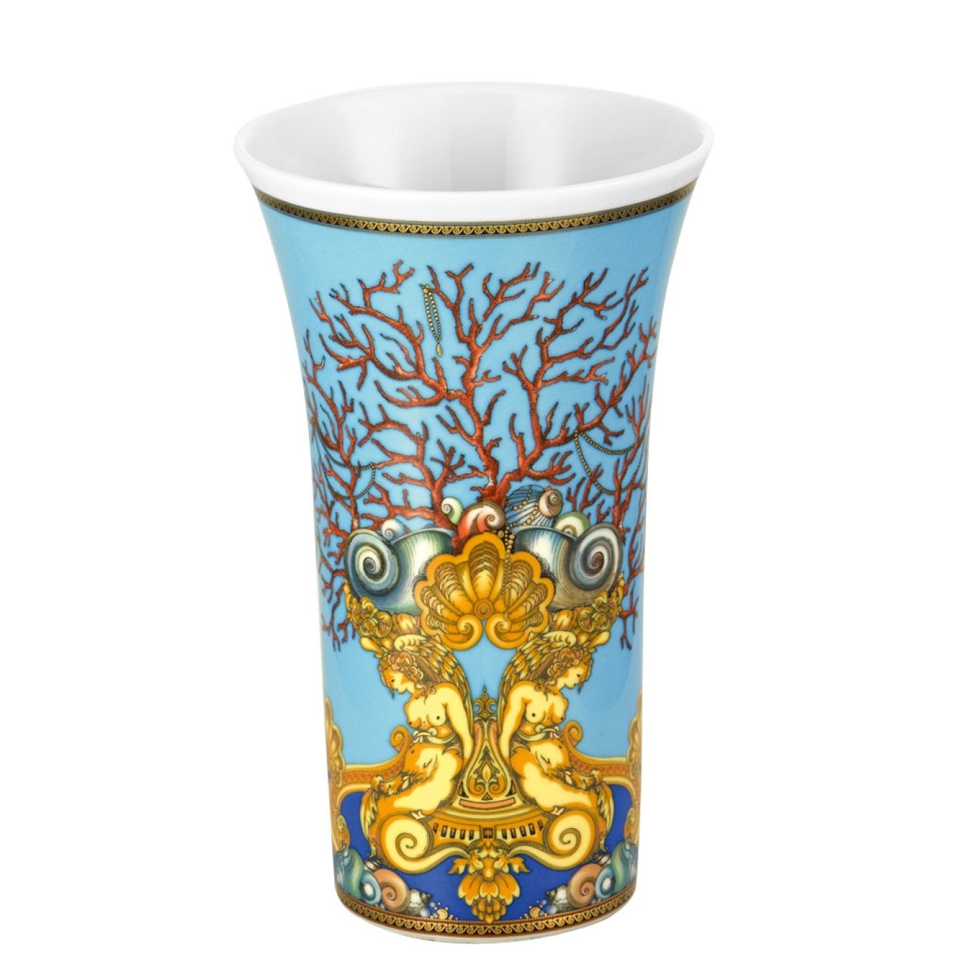 Rosenthal - Versace Vaso 26 cm Les Trésors de la Mer in Porcellana Blu, Bianco, Celeste, Giallo, Corallo e Oro