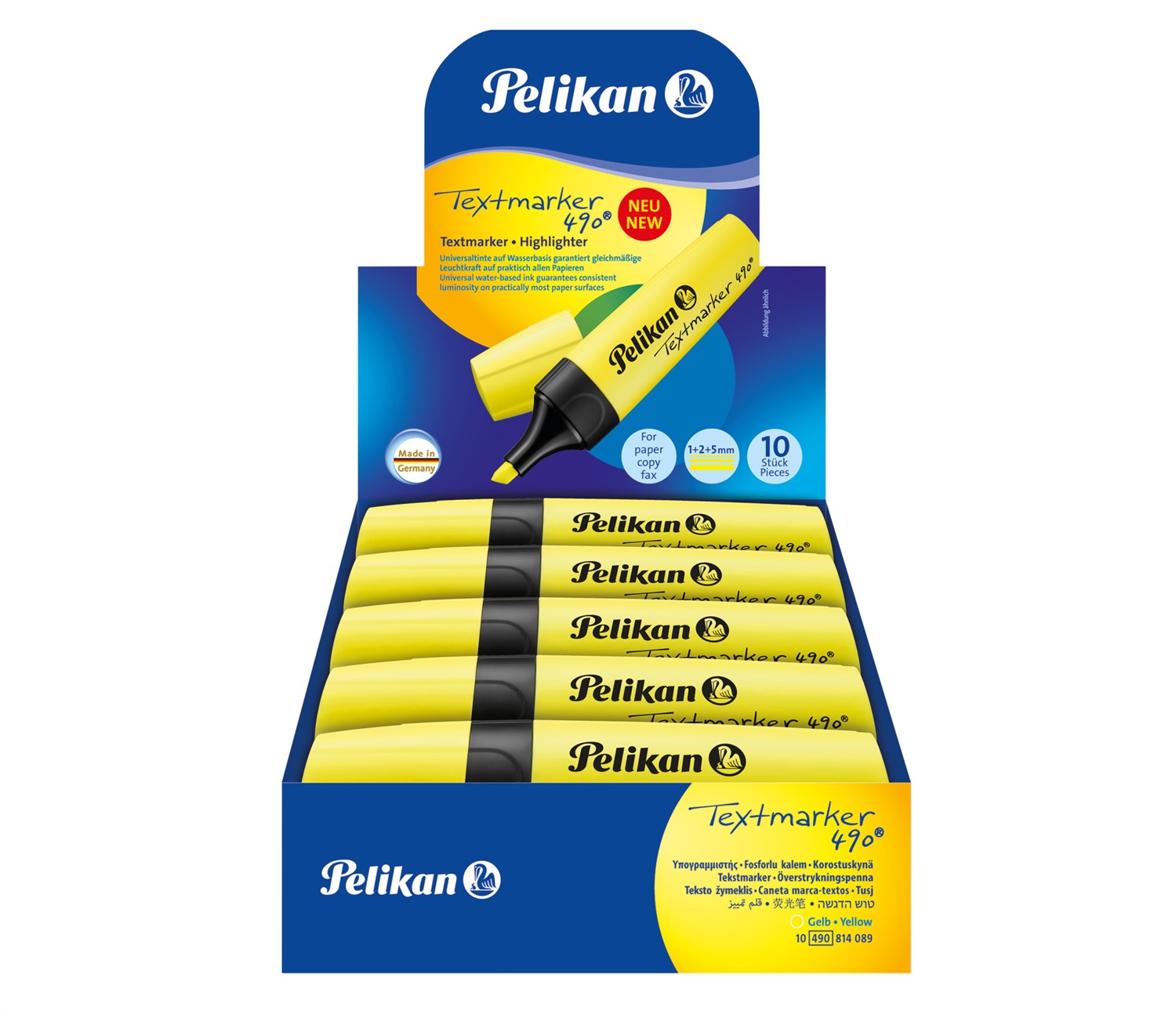 Pelikan 490 Evidenziatore Giallo Neon - Inchiostro a Base d'Acqua, Punta 1-2-5 mm, Cappuccio Twist-off, Confezione da 10 Pezzi