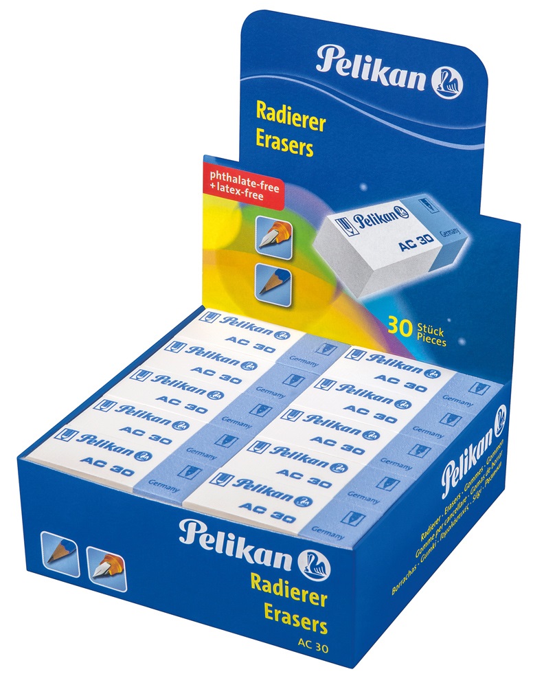 Pelikan AC30 Gomma da Cancellare Bianco e Blu - Confezione da 30 Pezzi, Adatta per Matita e Inchiostro, Ideale per Disegno Tecnico e Scolastico