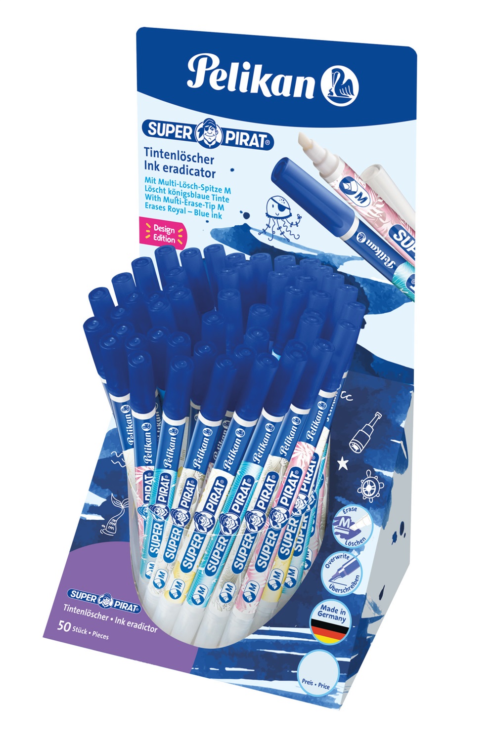 Pelikan Correttore a penna Super Pirat 850 con doppia punta media - Cancellatore d'inchiostro stilografico blu royal - 50 pz