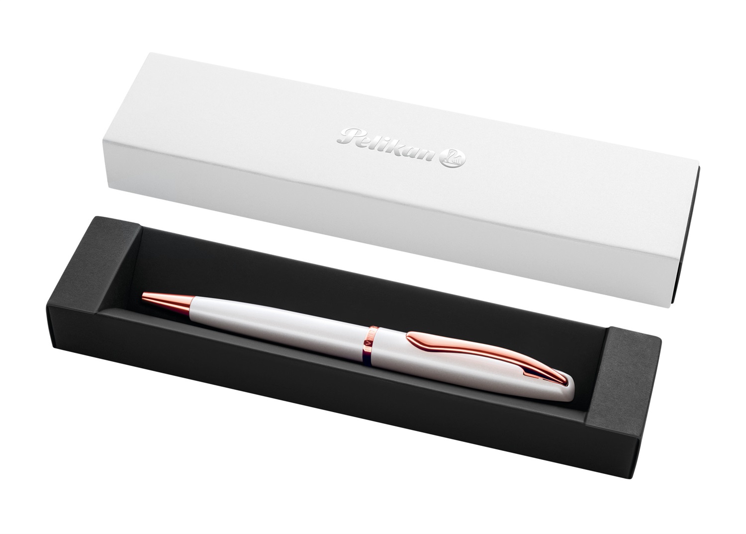 Pelikan Jazz Noble Elegance Penna a sfera in metallo perlato bianco e rosa, inchiostro blu, punta M, meccanismo retrattile, elegante astuccio regalo