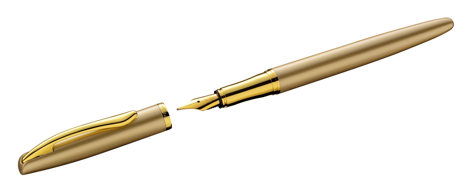 Pelikan Jazz Noble Elegance Penna Stilografica Gold - Inchiostro Blu, Clip Elastica, Design Slanciato, Pennino in Acciaio, Astuccio Regalo