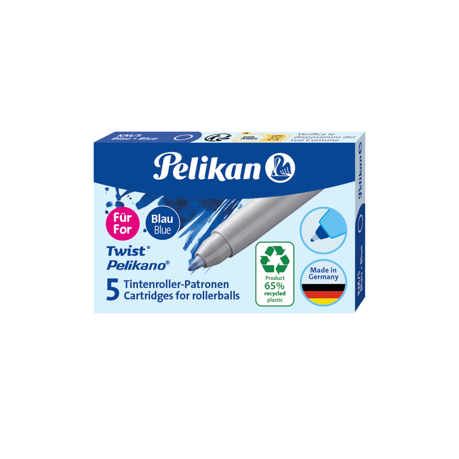 Pelikan Cartucce d'Inchiostro Twist Eco Blu - Custodia con 5 Cartucce in Plastica Riciclata per Penne Roller e Sferografiche
