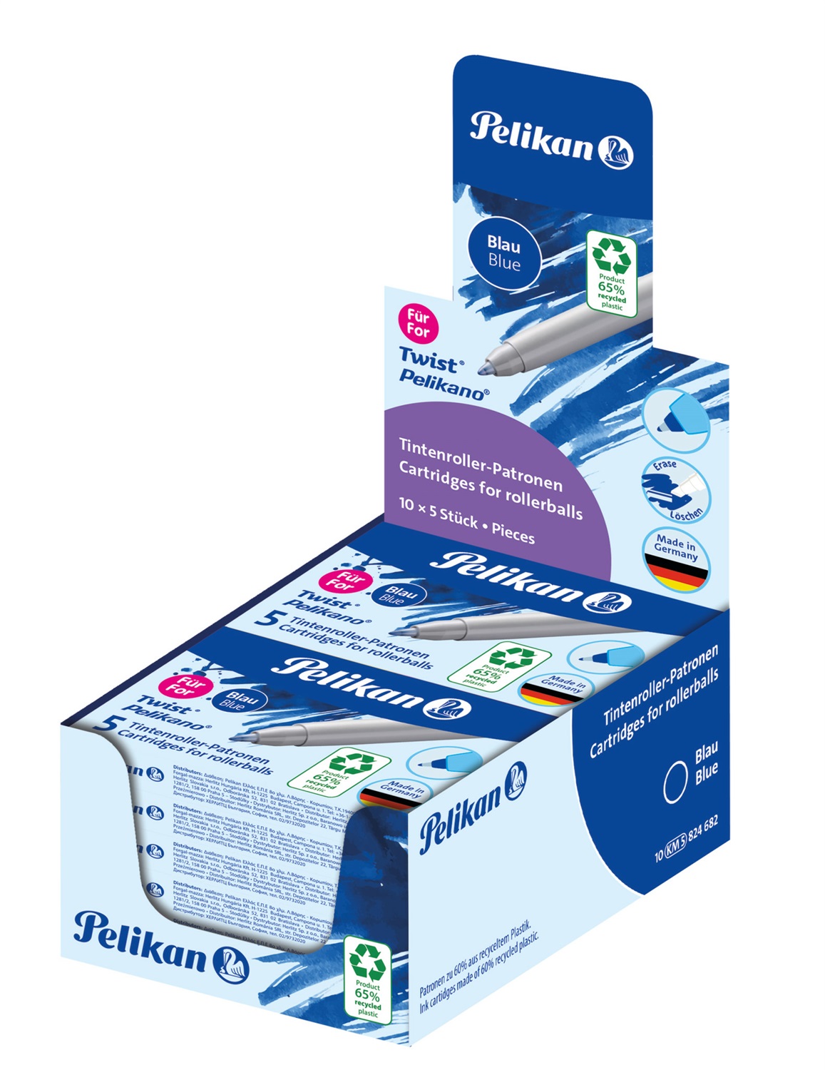 Pelikan Cartucce d'Inchiostro Twist Eco Blu - Custodia con 5 Cartucce in Plastica Riciclata per Penne Roller e Sferografiche