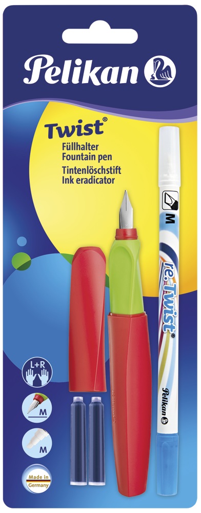 Pelikan Twist Penna Stilografica Ergonomica con Pennino M, 2 Cartucce Blu e Cancellatore d'Inchiostro - Ideale per Scuola e Ufficio