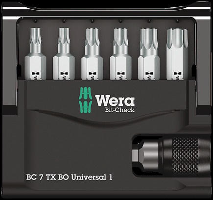 Wera Bit-Check 7 TORX BO Universal 1 - Set di 7 punte Torx con supporto universale e mandrino a cambio rapido