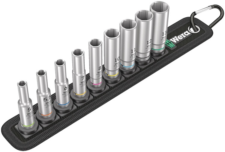 Wera Belt A Deep 1 - Set di 9 bussole con attacco da 1/4 Pollici su cinturino tessile robusto, meccanismo di rotazione per facile prelievo