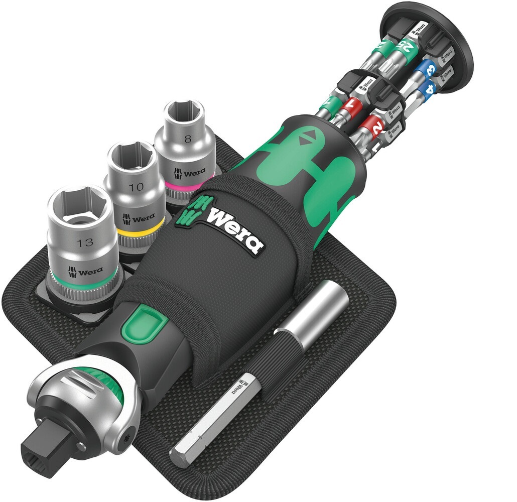 Wera 8009 Zyklop Pocket Set 2 - Cricchetto compatto con 18 pezzi, testa ruotabile e angolo di richiamo ridotto