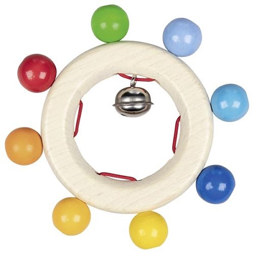 Goki Anello di Manipolazione in Legno con Perle Arcobaleno e Campanellino per Neonati