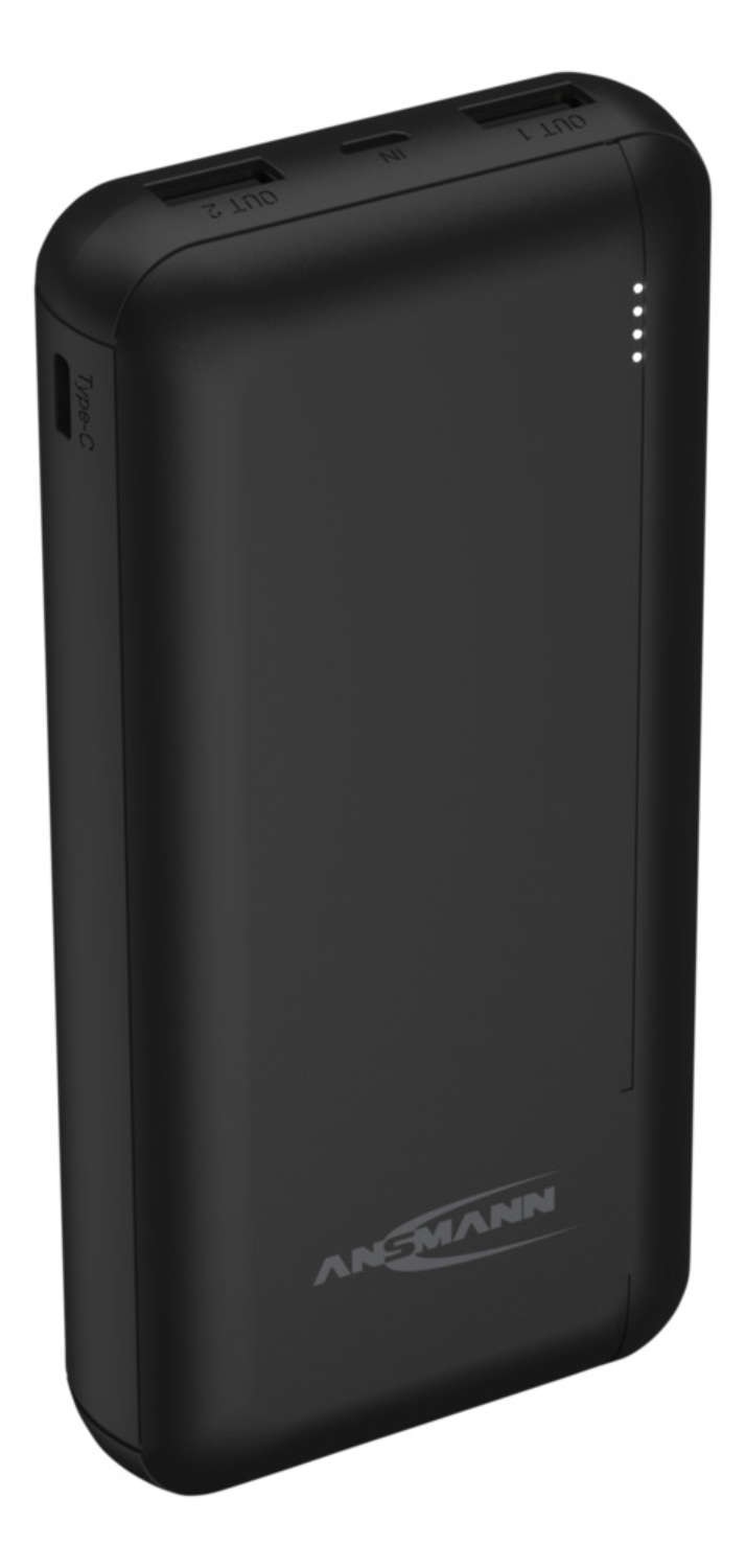 Ansmann Powerbank 20000 mAh - Batteria esterna con doppia porta USB, indicatore di carica LED, compatibile con smartphone
