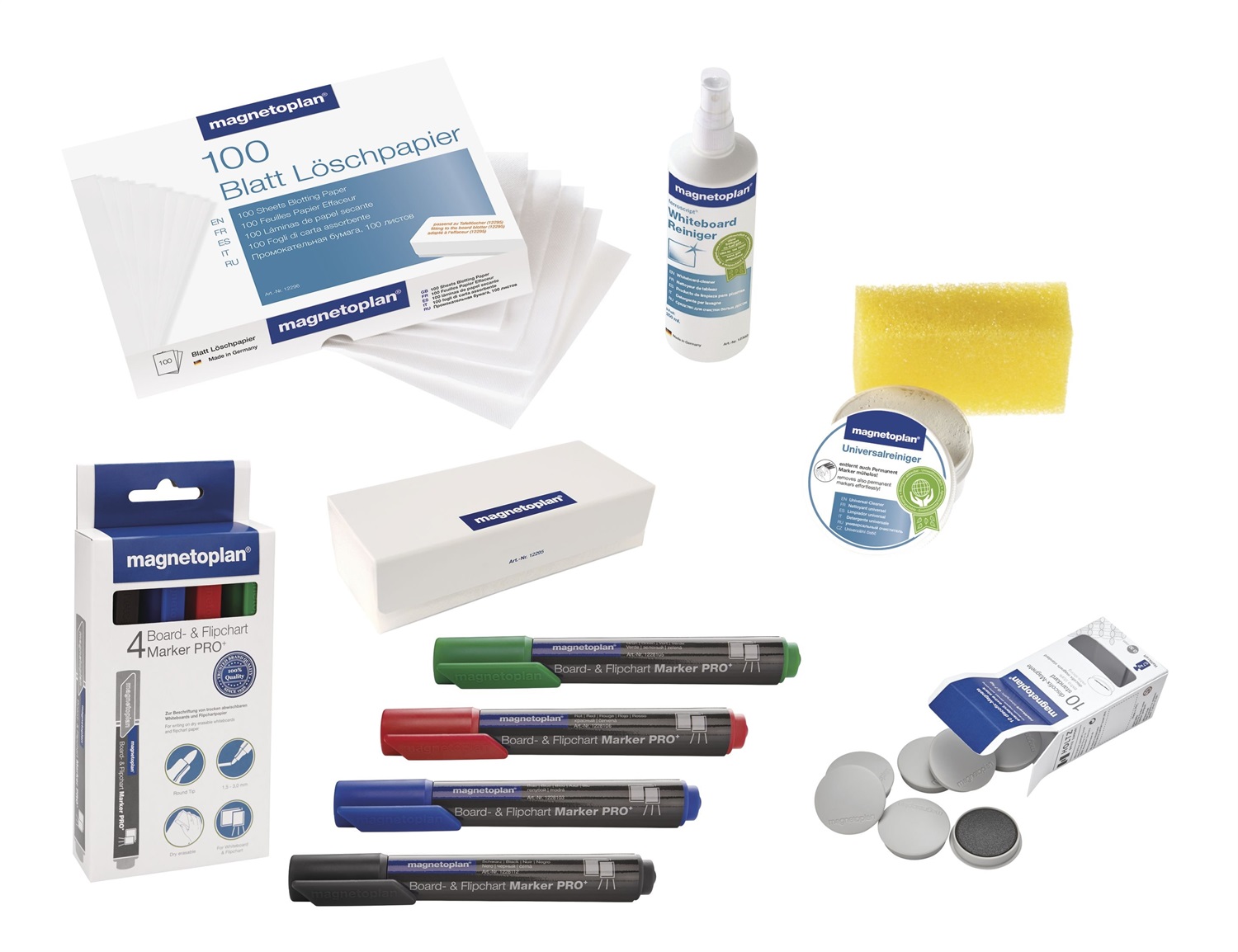 Magnetoplan - Kit completo per lavagna magnetica con 4 pennarelli, 10 punti magnetici, 1 lavagna e 100 fogli di carta blotting