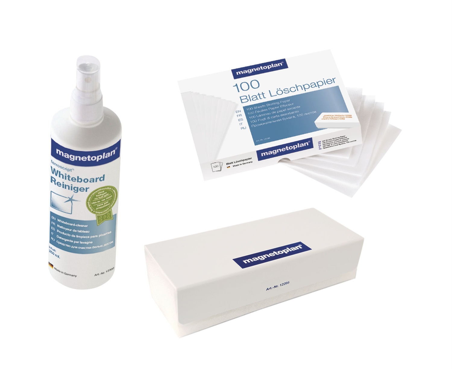Magnetoplan 12299M Set di Pulizia per Lavagne Bianche - Cancellino, Carta Assorbente e Detergente