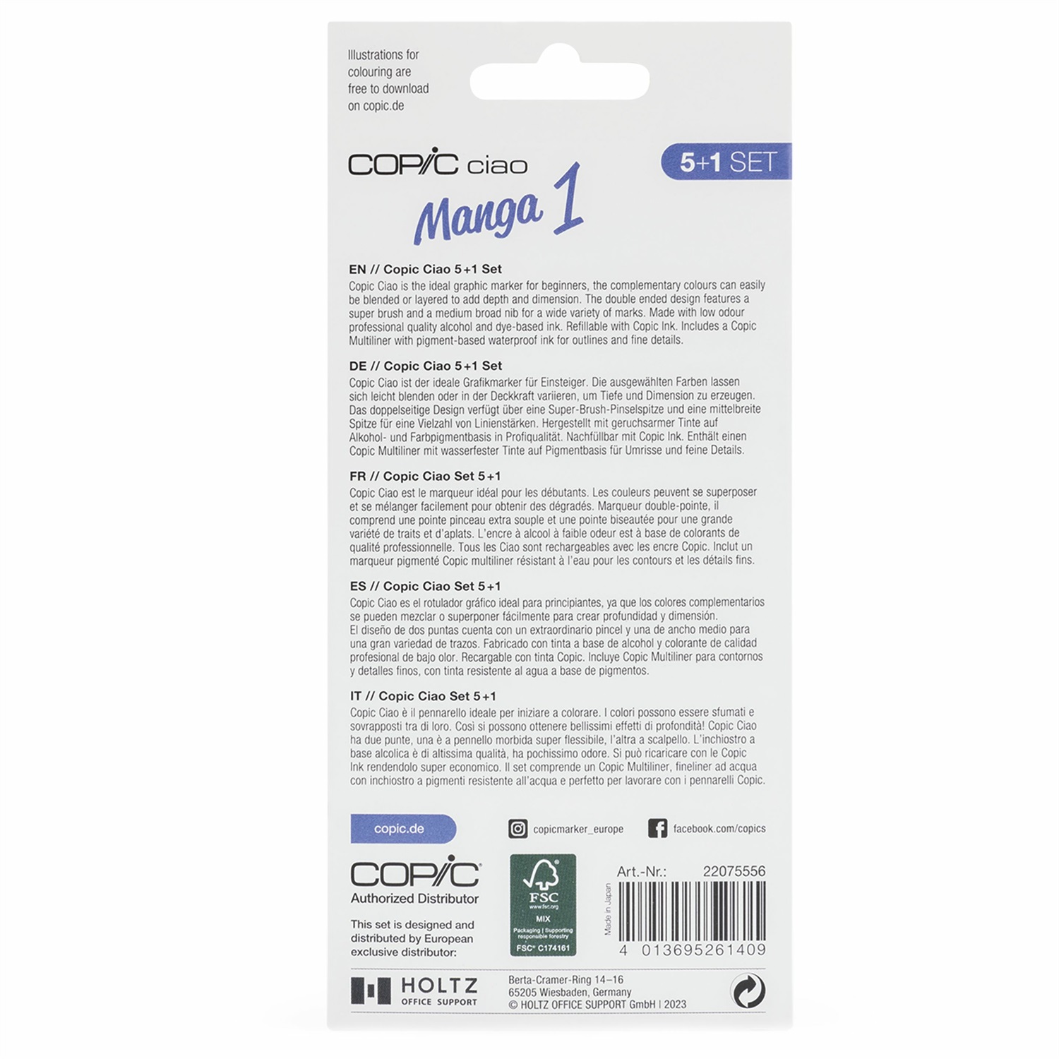 Copic Ciao Set 5 1 Manga 1 - 5 Pennarelli a Base Alcolica con Doppia Punta (Pennello e Scalpello) e 1 Multiliner Nero