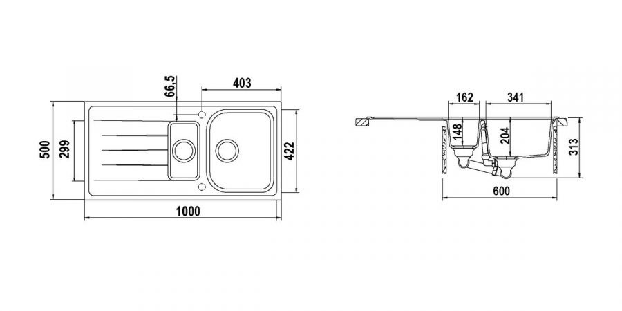 Schock Lithos D150 Lavello 1 vasca e 1/2 100 x 50 cm con gocciolatoio reversibile in Cristalite® finitura asphalt
