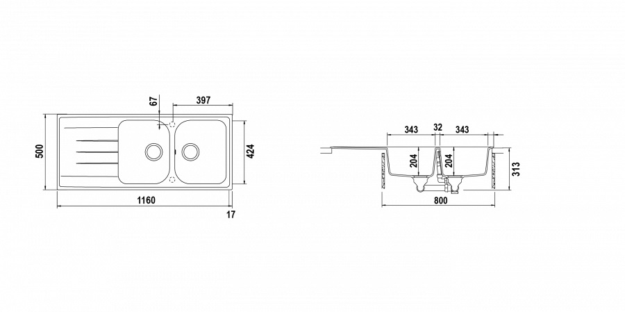 Schock Lithos D200 Lavello 2 Vasche 116 x 50 cm Sopratop/Sottotop con Gocciolatoio Reversibile in Cristalite® - Asphalt