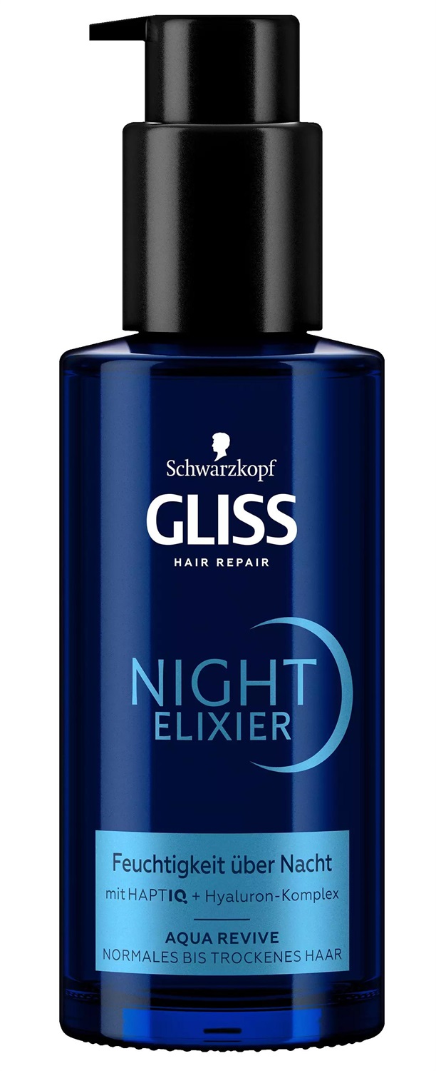 Schwarzkopf Gliss Night Elixir Aqua Revive 100 ml - Siero Idratante per Capelli Normali a Secchi con HaptIQ System e Acido Ialuronico