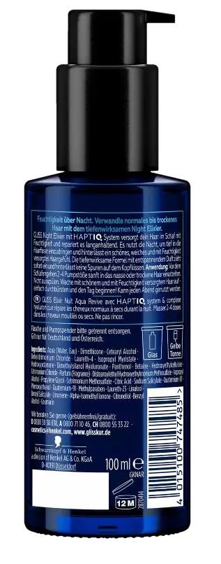Schwarzkopf Gliss Night Elixir Aqua Revive 100 ml - Siero Idratante per Capelli Normali a Secchi con HaptIQ System e Acido Ialuronico