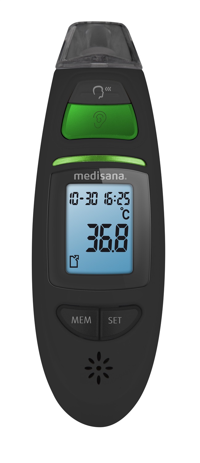 Medisana TM 750 Termometro Clinico Digitale 6in1 Nero - Auricolare e Frontale con Allarme Visivo per Febbre, Funzione di Memoria e Misurazione dei Liquidi