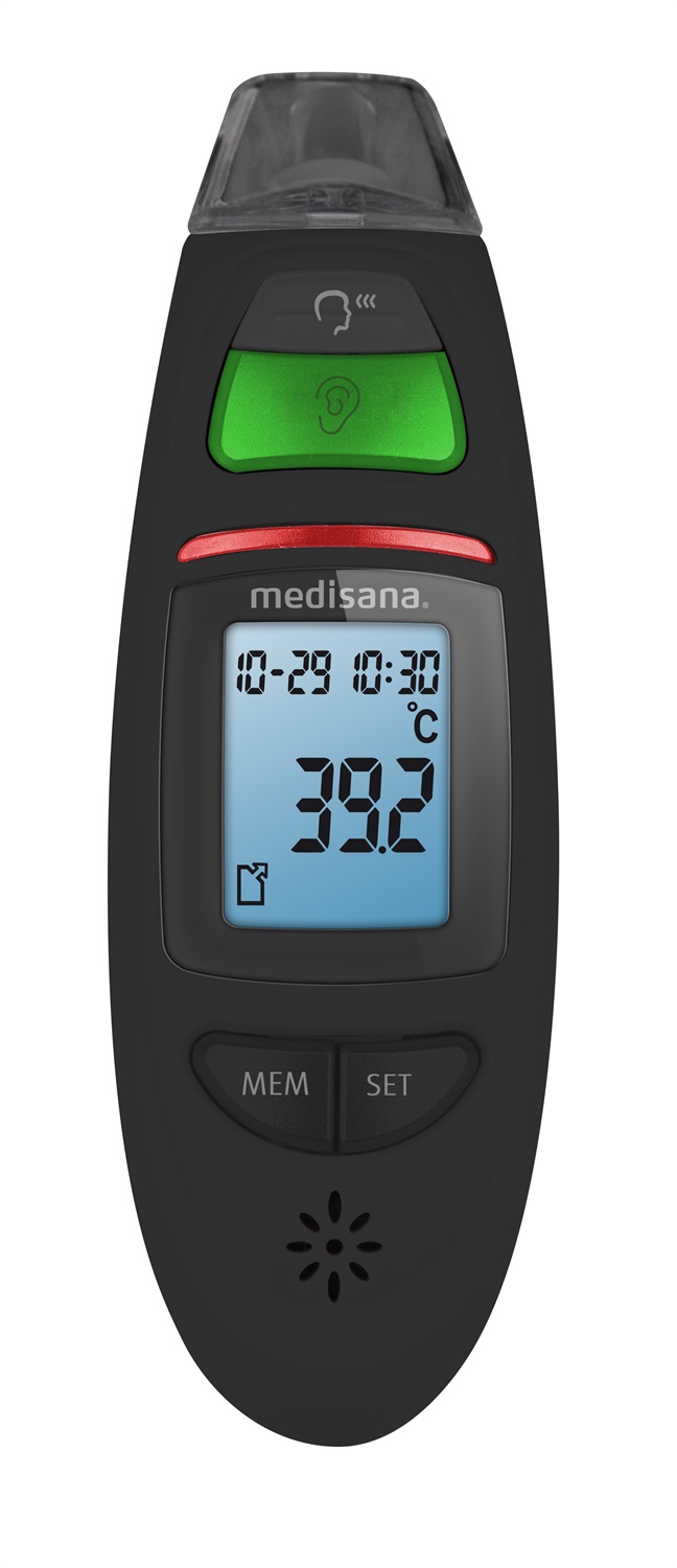 Medisana TM 750 Termometro Clinico Digitale 6in1 Nero - Auricolare e Frontale con Allarme Visivo per Febbre, Funzione di Memoria e Misurazione dei Liquidi
