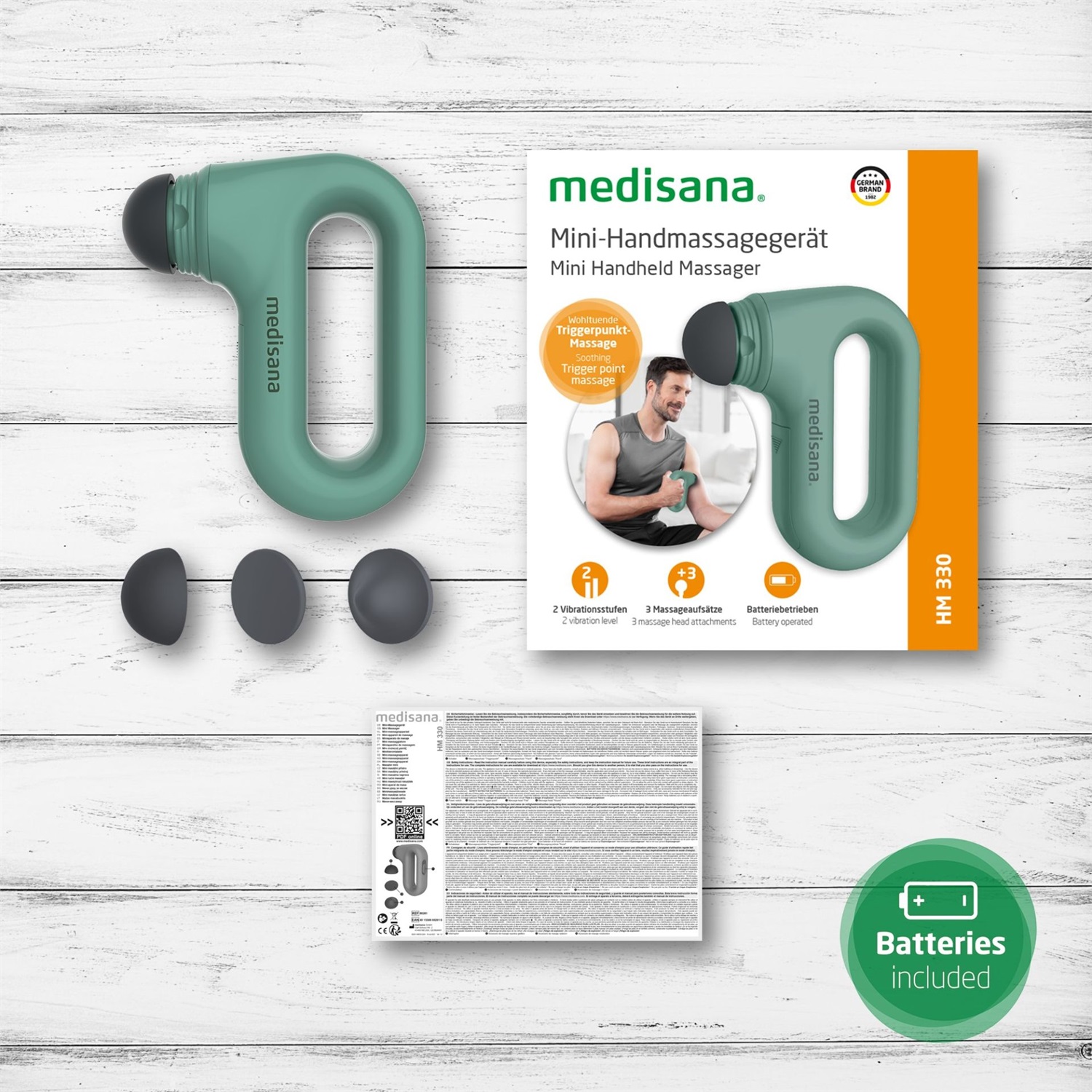 Medisana HM 330 Mini Massaggiatore Manuale a Vibrazione - Nero e Verde, per Automassaggio e Rigenerazione Muscolare