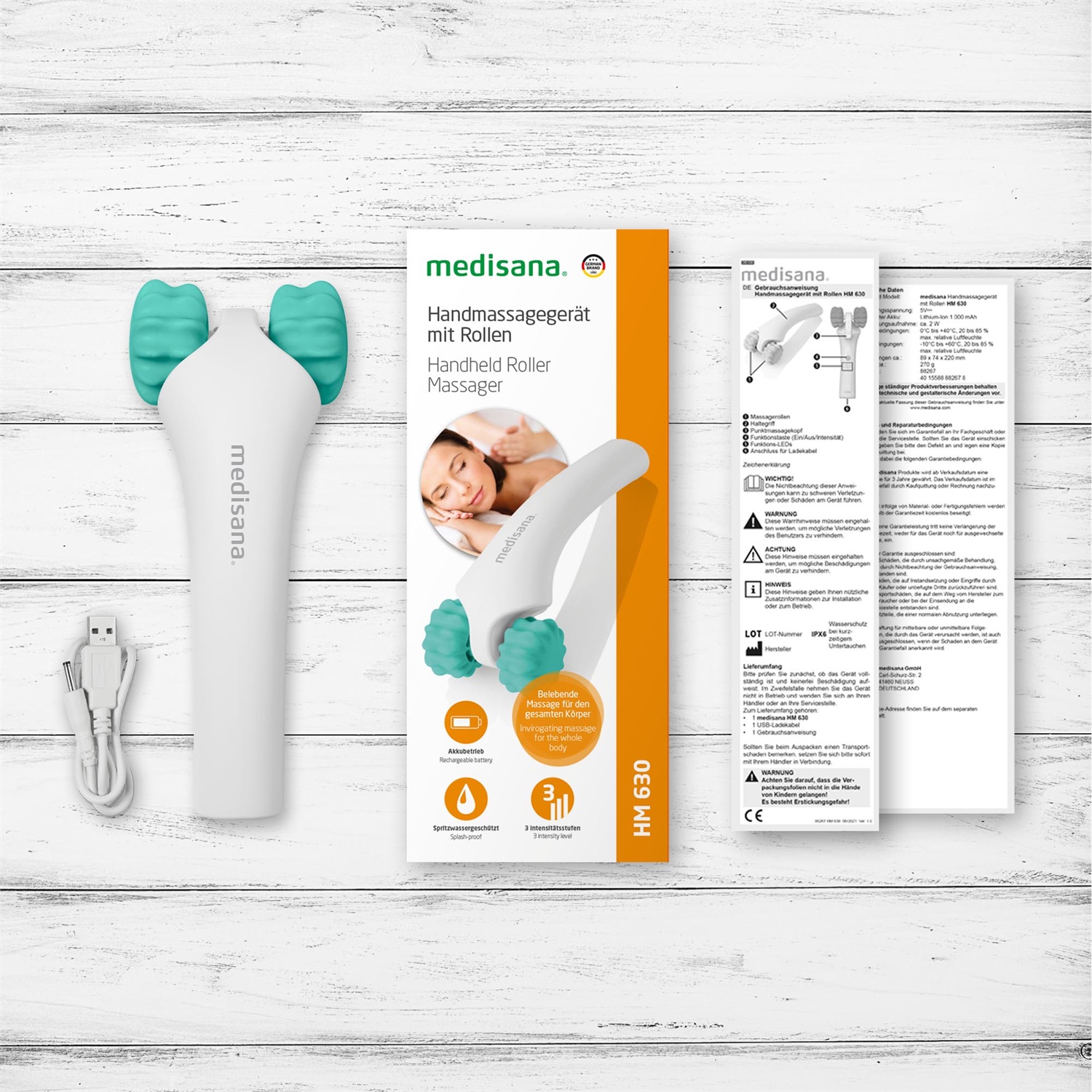 Medisana HM 630 Massaggiatore Manuale con Rulli e Vibrazione Tonificante - 3 Livelli di Intensità, Colore Acqua e Bianco