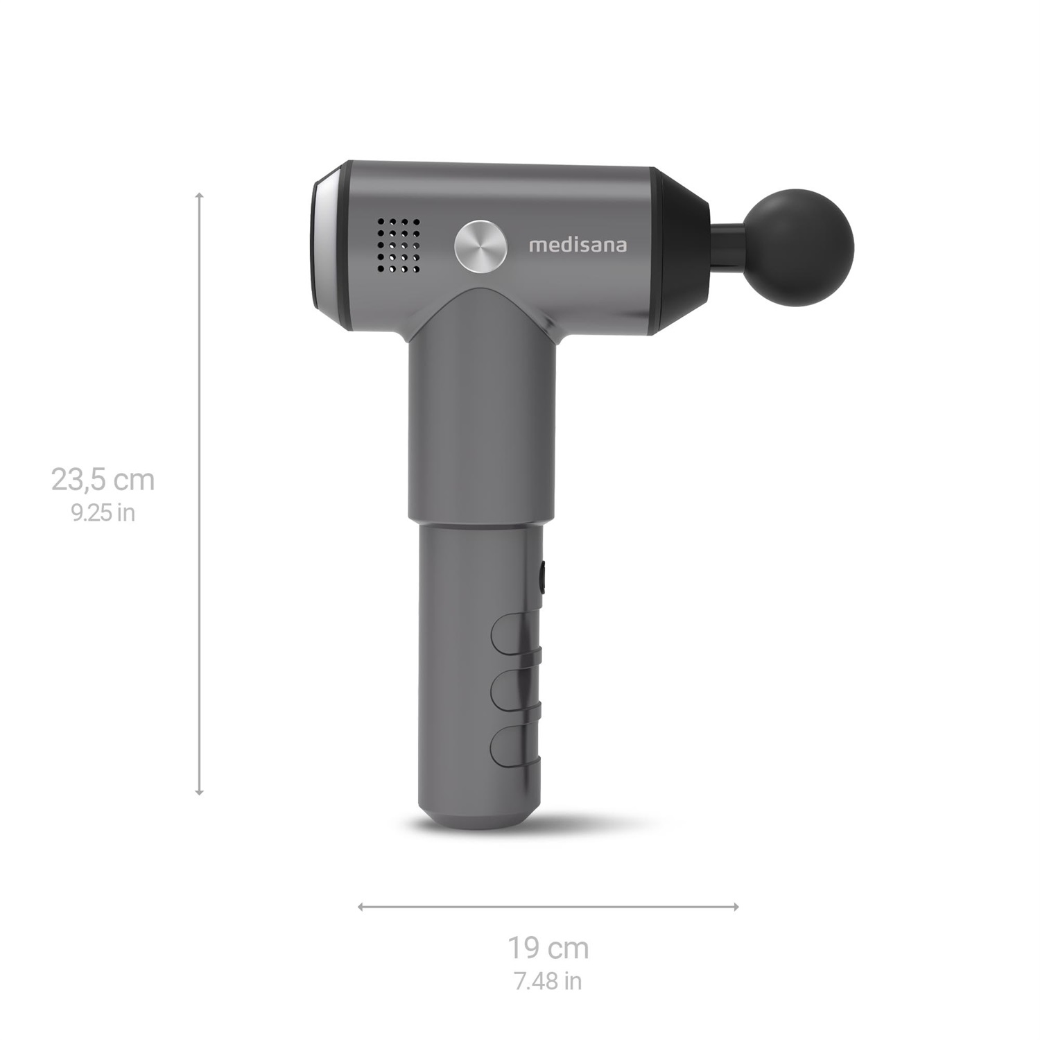 Medisana MG 500 Pro - Pistola per Massaggio con 3 Livelli di Vibrazione e 4 Testine Intercambiabili, Nero e Grigio