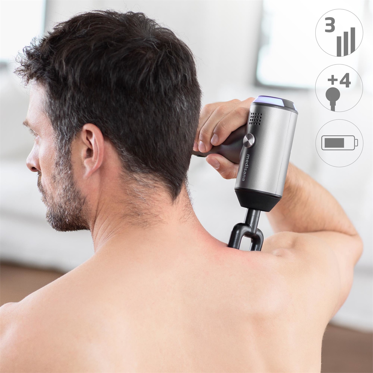 Medisana MG 500 Pro - Pistola per Massaggio con 3 Livelli di Vibrazione e 4 Testine Intercambiabili, Nero e Grigio