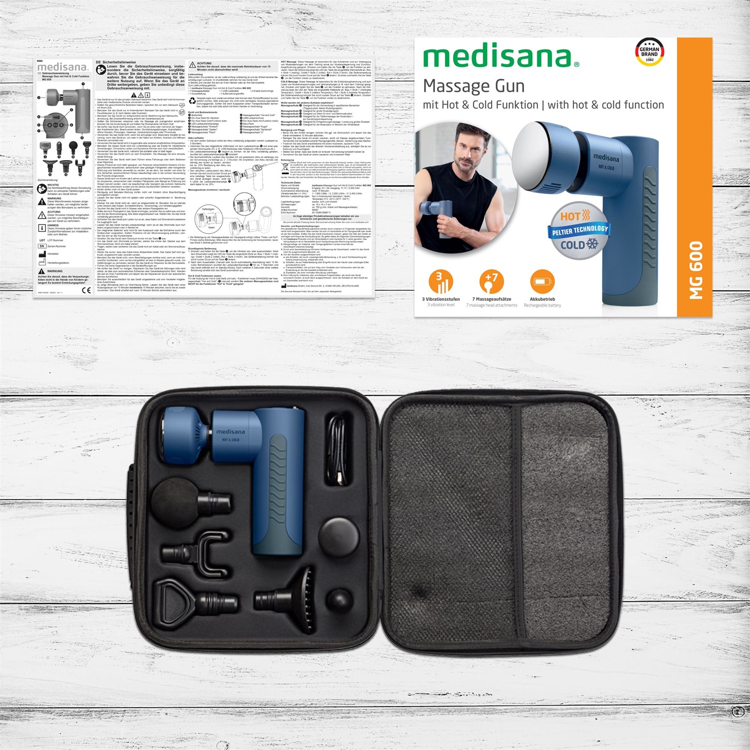 Medisana MG 600 Pistola per Massaggio Muscolare Elettrica con Funzione Calore e Freddo, 7 Accessori e 3 Livelli di Vibrazione