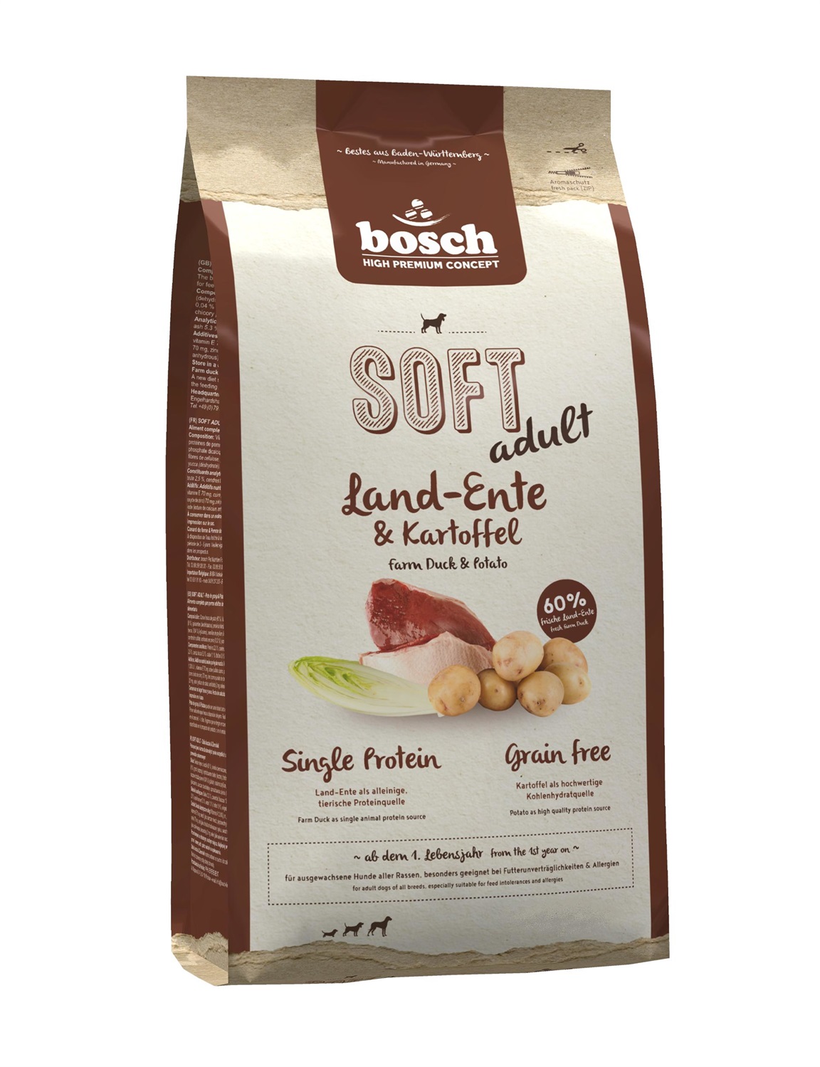 Bosch HPC Soft Cibo Secco per Cani Adulto Anatra e Patate - 2,5 kg, Senza Cereali, Ideale per Cani Sensibili