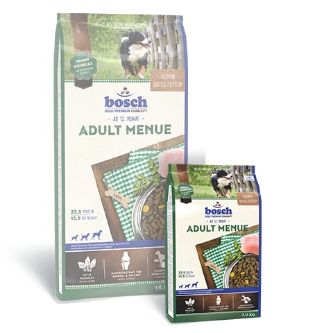 Bosch Adult Menue 3 kg - Alimento secco completo per cani adulti con pollame, 12 erbe preziose e estratti di cozze