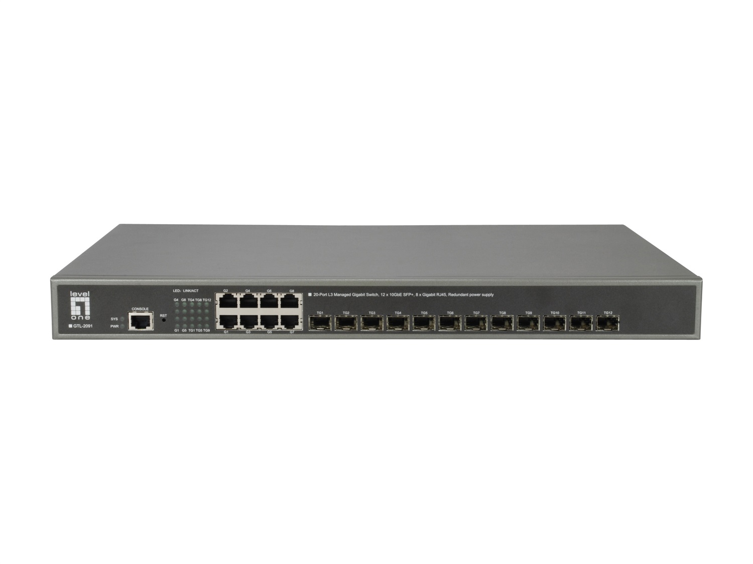 LevelOne GTL-2091 Switch di Rete Gestito L3 Gigabit Ethernet (10/100/1000) con 8 Porte RJ-45 e 12 Moduli SFP - Grigio
