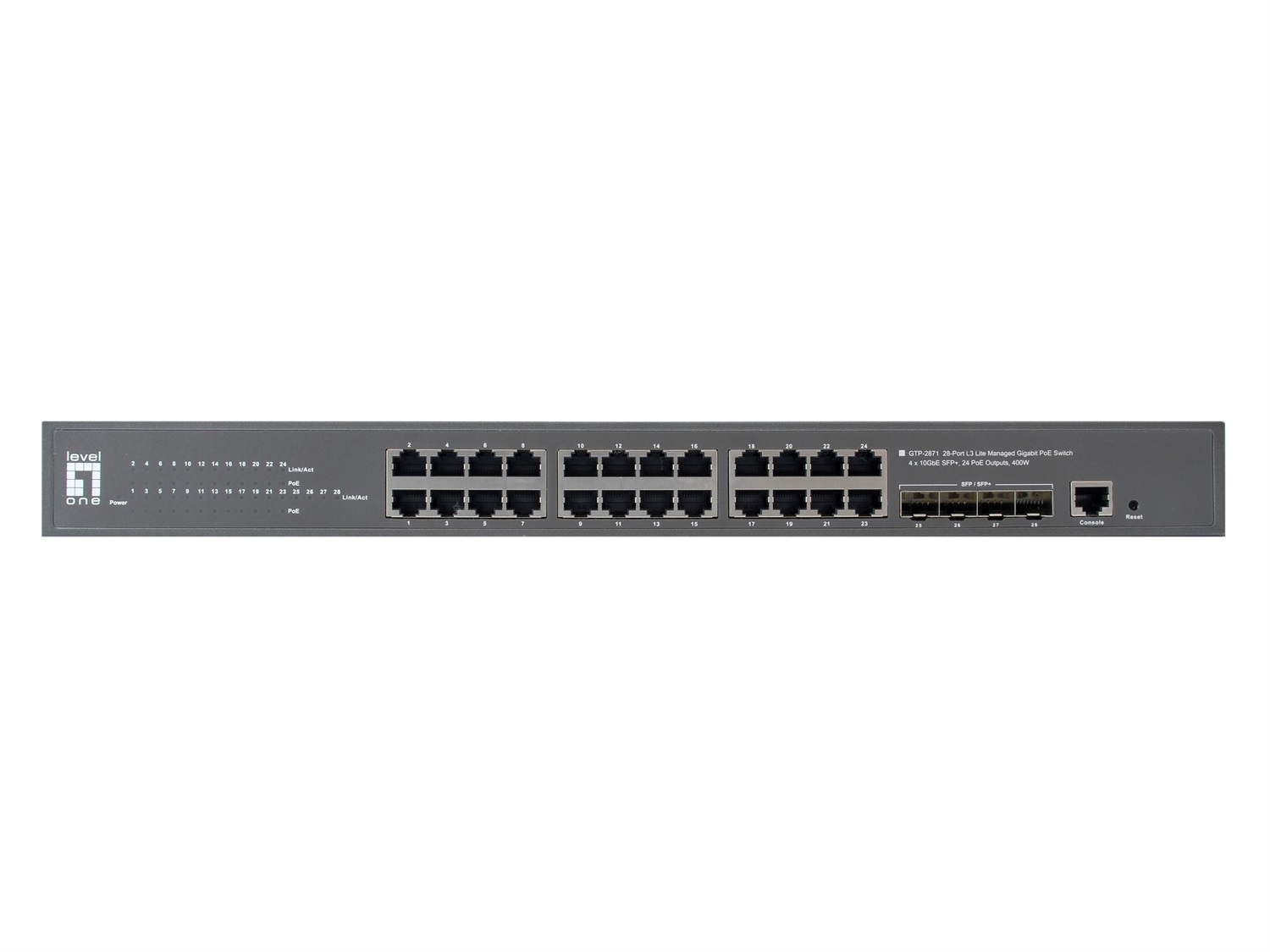 LevelOne GTP-2871 Switch di Rete Gestito L3 con 24 Porte Gigabit Ethernet (10/100/1000) e Supporto Power over Ethernet (PoE) - Grigio