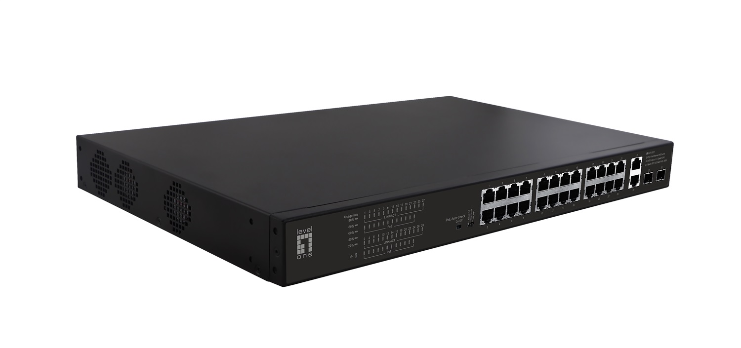 LevelOne FGP-2831 Switch di Rete Non Gestito 28 Porte Fast Ethernet (10/100) con Supporto Power over Ethernet (PoE) 390W e 2 Porte Gigabit SFP - Montaggio Rack 1U - Nero