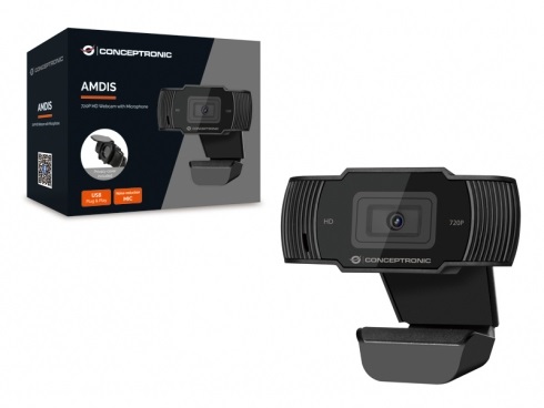 Conceptronic AMDIS03B Webcam HD 720P con Microfono Integrato, USB 2.0, Risoluzione Fino a 1080P Interpolato, Nero
