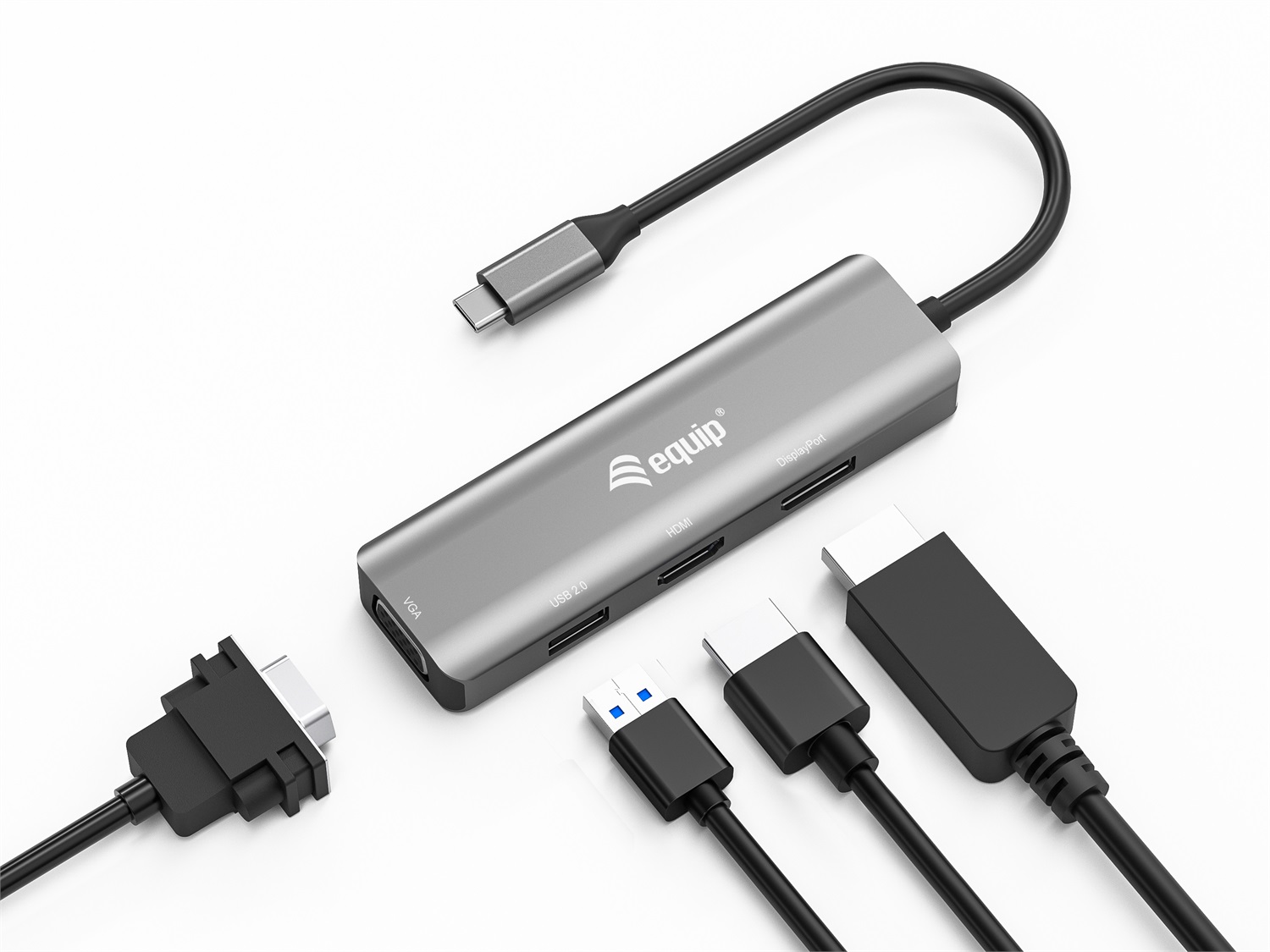 Equip 133485 Adattatore USB-C a HDMI/DisplayPort/VGA/USB - Supporto 4K/60Hz, Alloggiamento in Alluminio