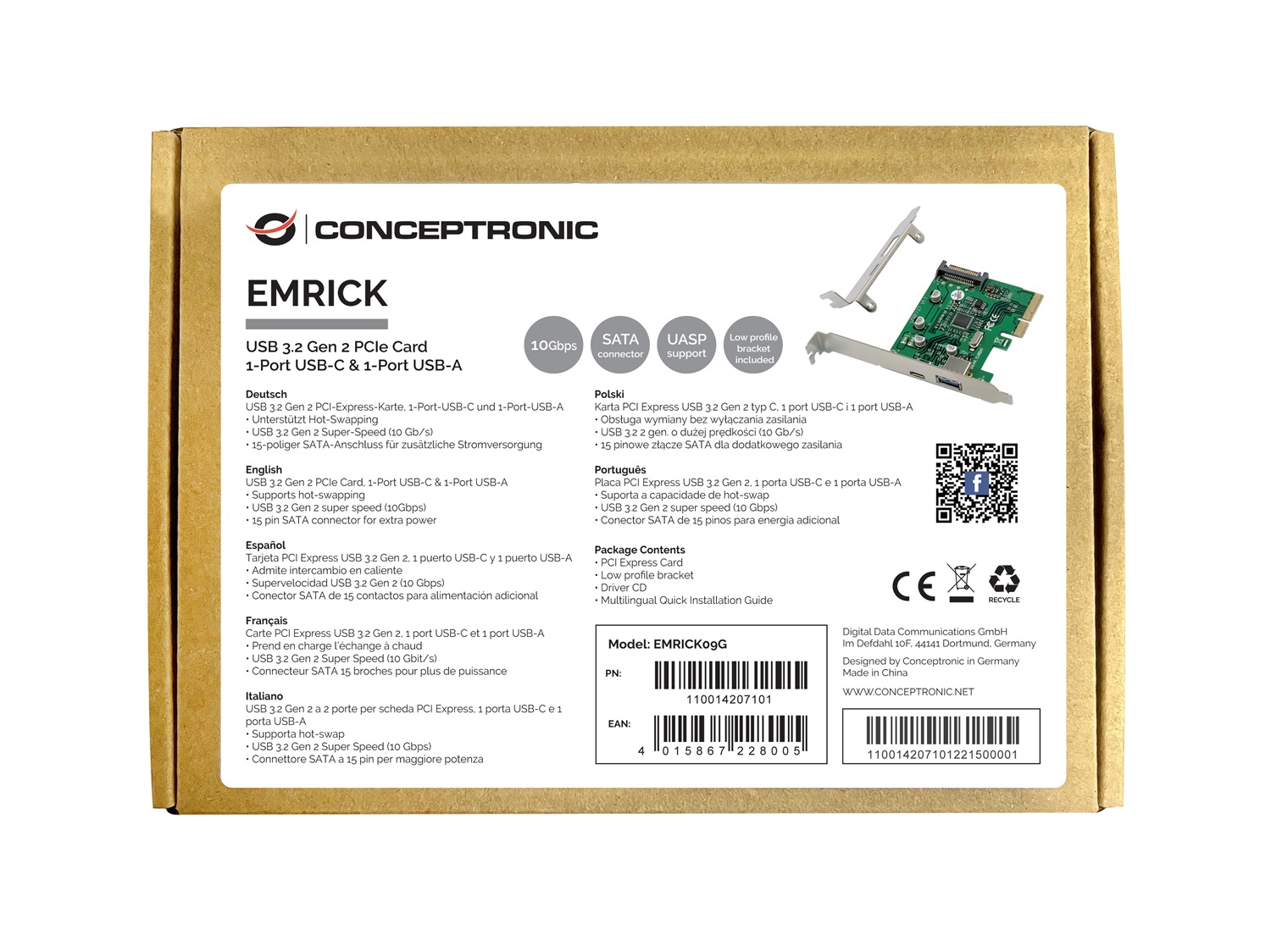 Conceptronic EMRICK09G Scheda di Interfaccia PCIe USB 3.2 Gen 2 con 1 Porta USB-C e 1 Porta USB-A
