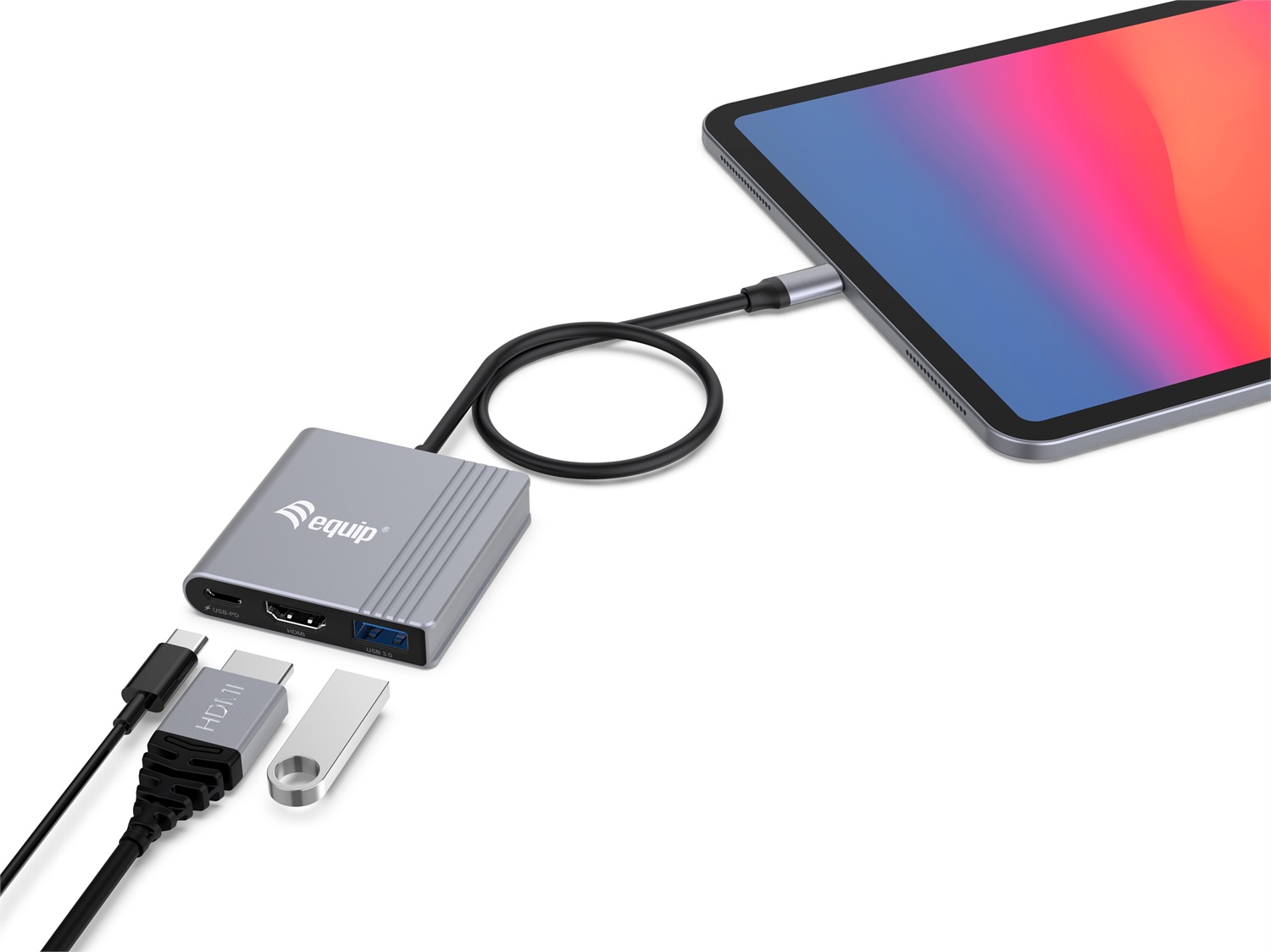 Equip 133488 Adattatore 3 in 1 USB-C a HDMI/USB-A/USB PD 4K/60 Hz, Risoluzione 3840 x 2160 Pixel, PD 100 W