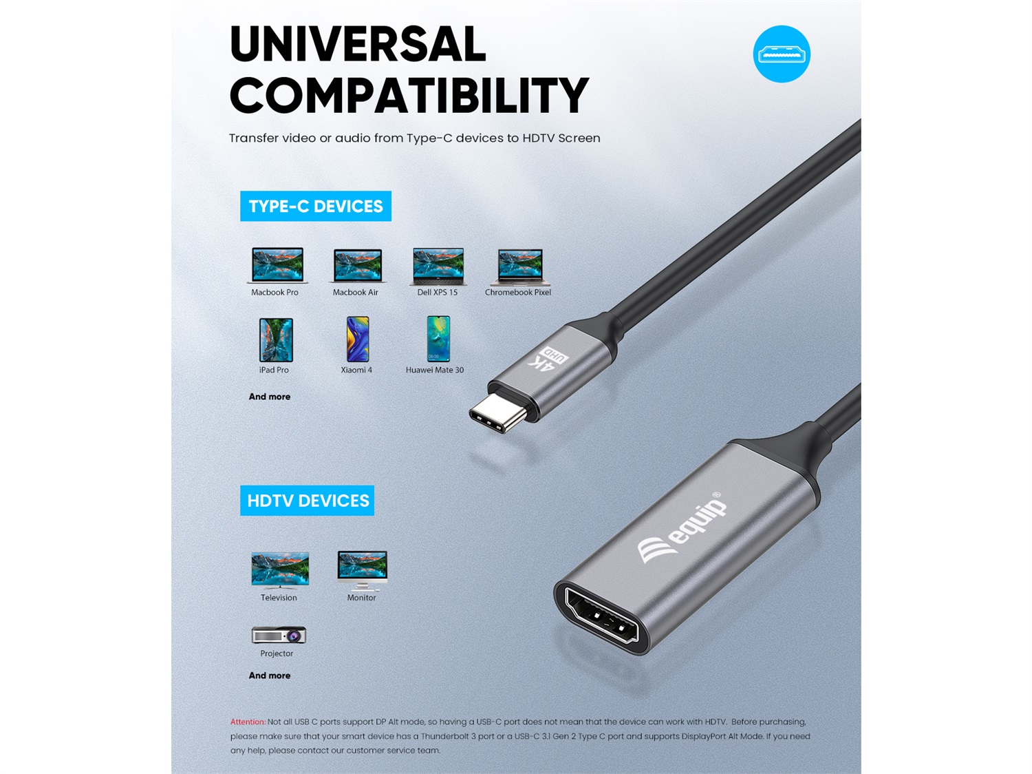 Equip 133491 Adattatore USB-C a HDMI 2.0, 4K/60Hz, 0,15 m, Compatibile Thunderbolt 3/4, Connettori Placcati in Oro