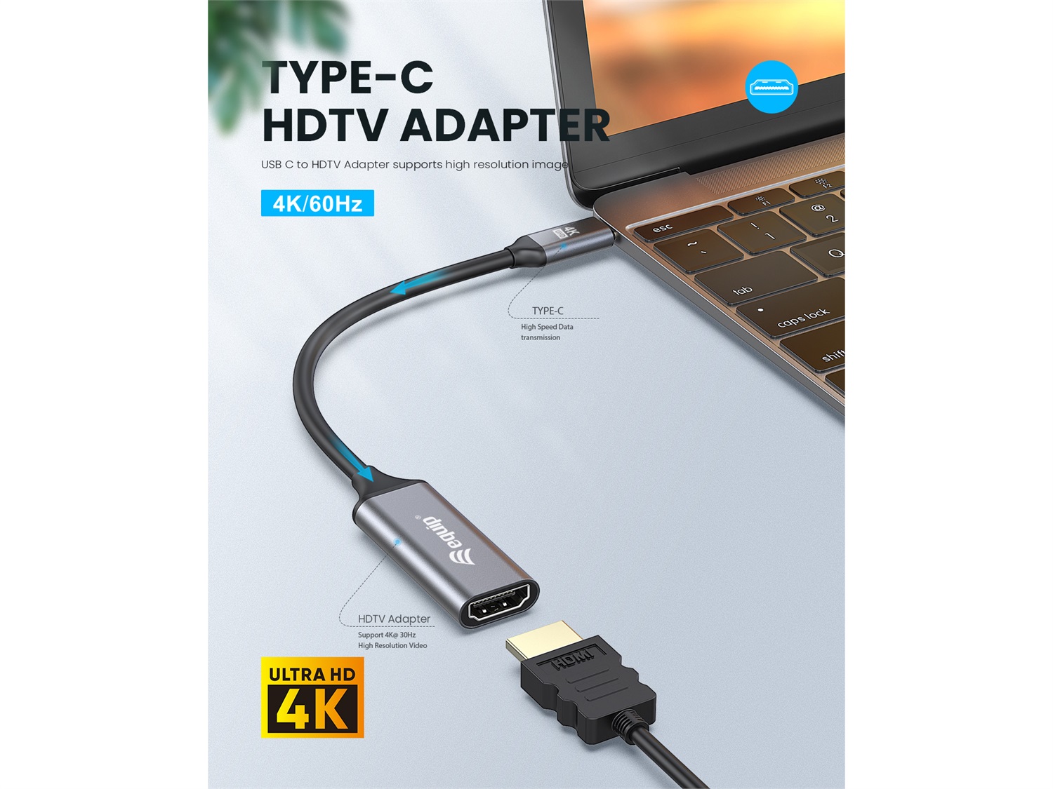Equip 133491 Adattatore USB-C a HDMI 2.0, 4K/60Hz, 0,15 m, Compatibile Thunderbolt 3/4, Connettori Placcati in Oro